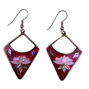 Vintage Alpaca Womens Red Floral Inlaid Dangle Earrings Mother Of Pearl